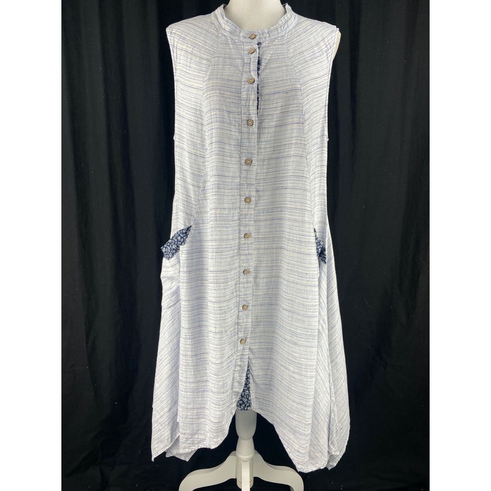 Yuvita Womens XL Lagenlook Boho Sleeveless‎ Linen Flowy Tunic Button Dress